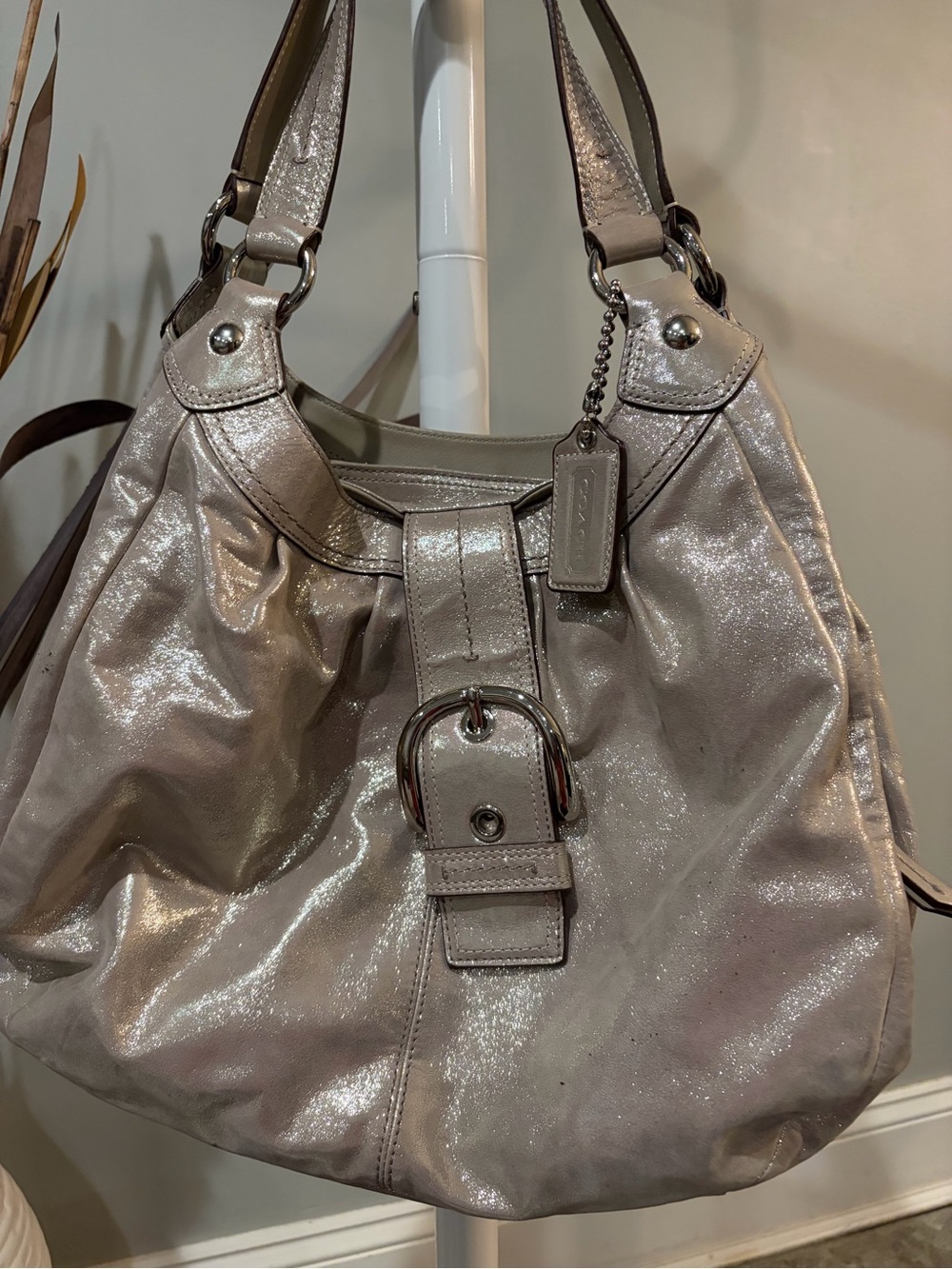 Coach Soho Lynn hobo bag Shimmer Hobo Shoulder Bag in Metallic Silver-Taupe